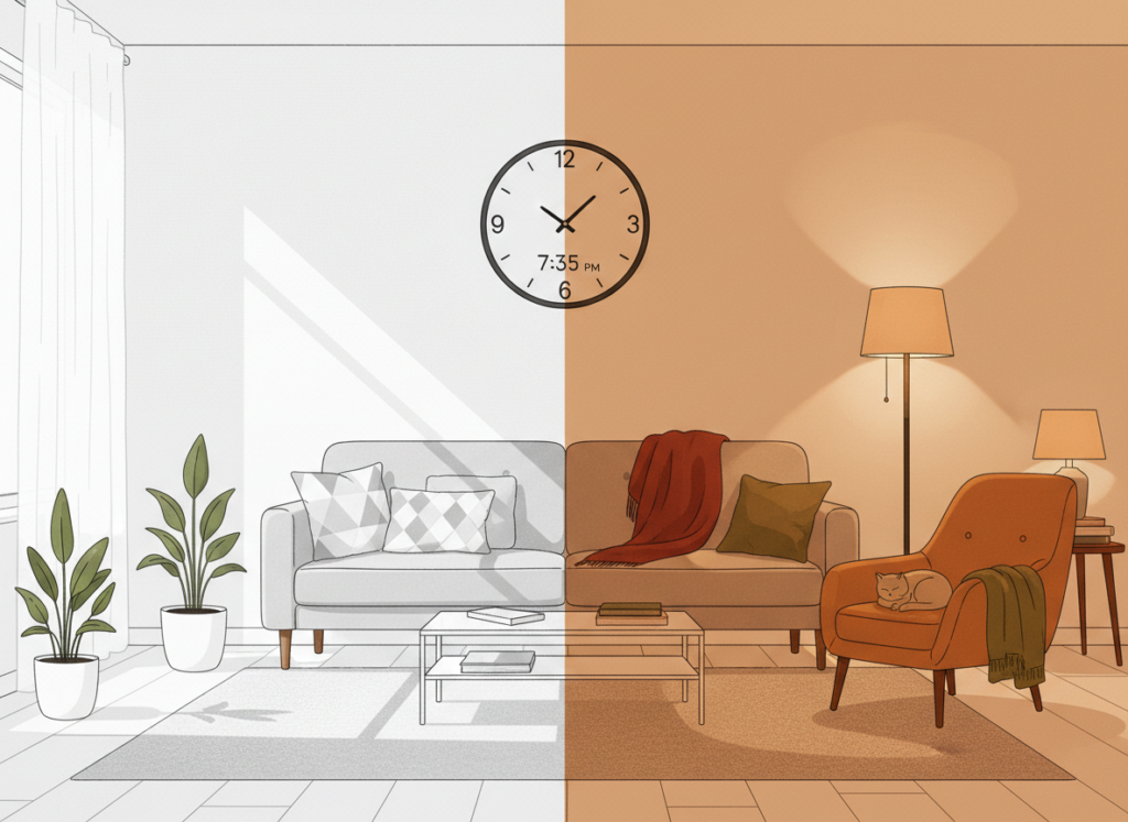 Cozy living room scene showing a transition from bright white daytime lights on one side to dim, warm yellow and orange evening lights on the other, with a wall clock showing evening hours