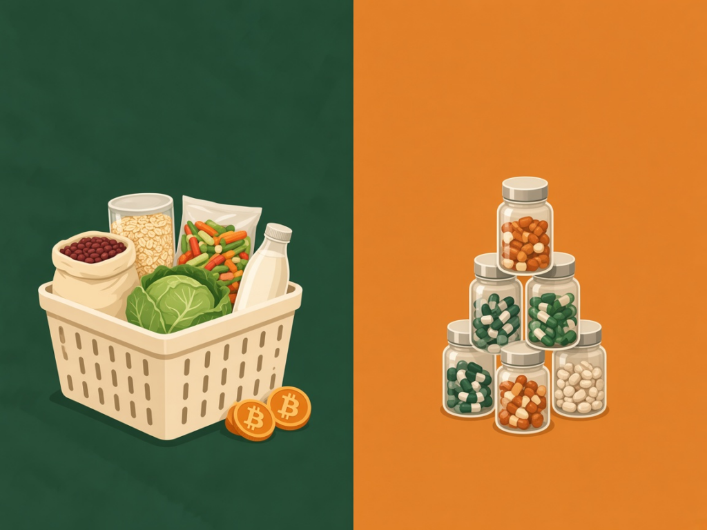 Basket of affordable gut-friendly foods like dry beans, oats, cabbage, frozen vegetables and kefir beside a stack of supplement pill bottles
