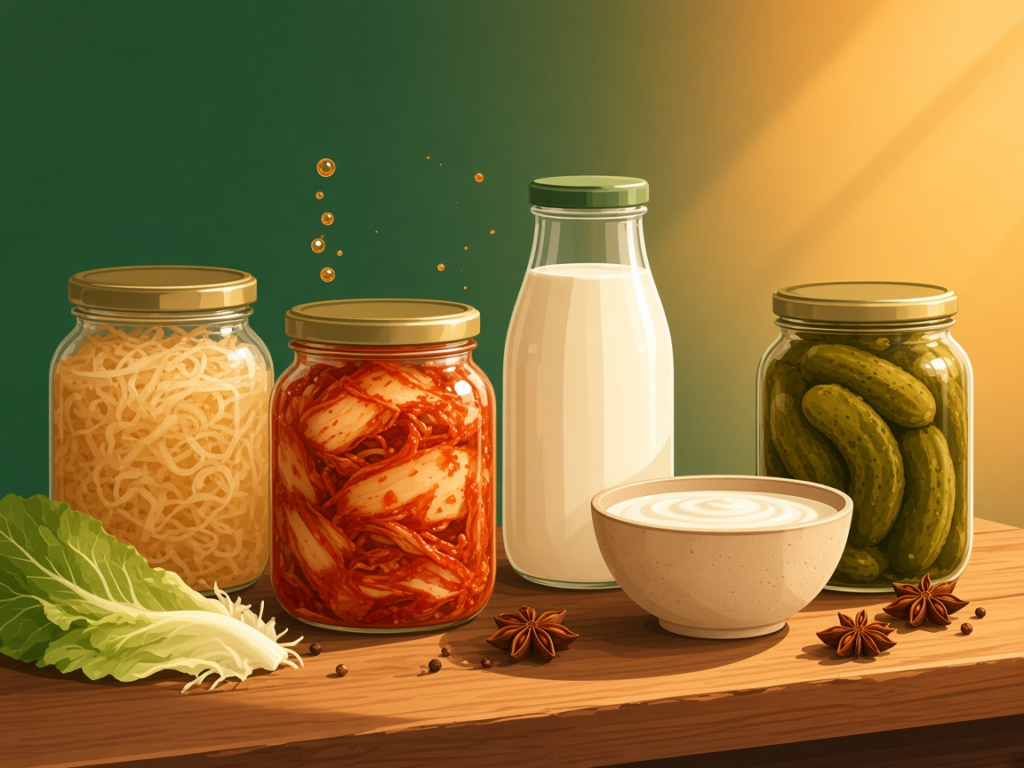 Jars of sauerkraut, kimchi and pickles with a bottle of kefir and a bowl of plain yogurt on a wooden shelf in warm light