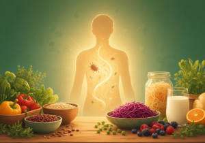 Warm illustrated kitchen table with beans, oats, red cabbage, sauerkraut, kefir, peas and berries in front of a glowing human silhouette with a gentle swirl of friendly microbes in the belly