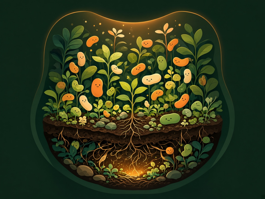 Illustrated thriving garden inside a belly-shaped silhouette, with sprouts, roots and smiling bean-shaped gut bacteria in forest green and orange