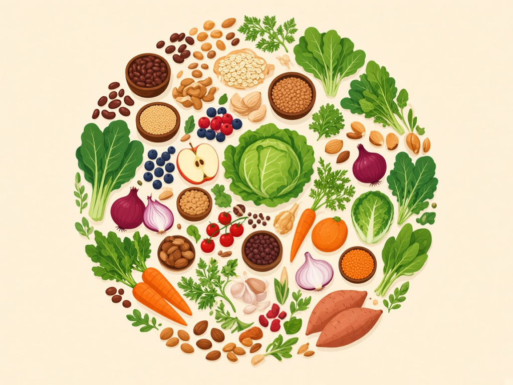 Colorful circle of many different plant foods including beans, lentils, oats, nuts, berries, cabbage, carrots, onions, garlic, greens and sweet potatoes on a cream background