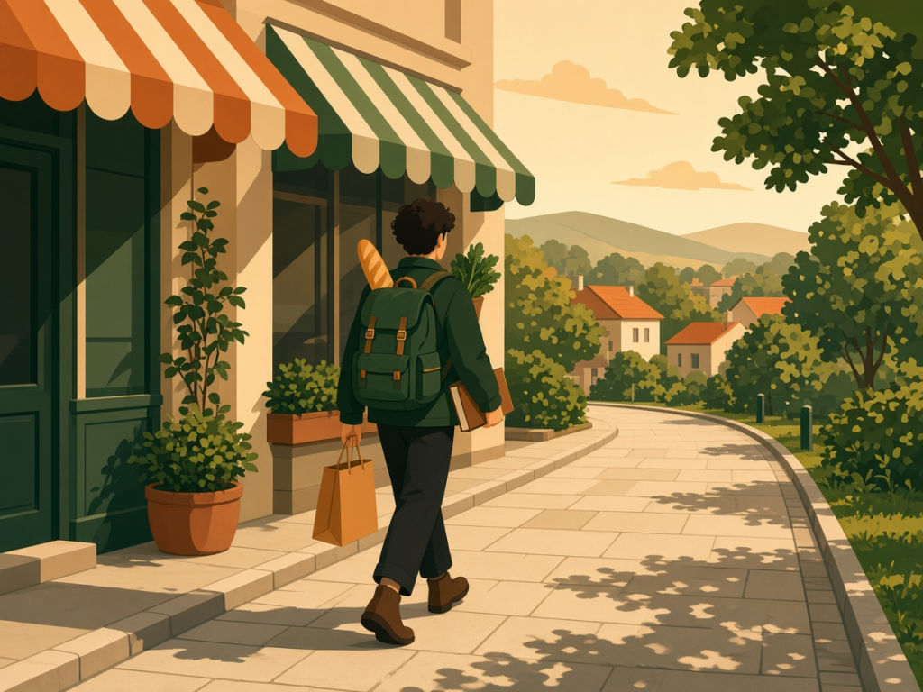Person walking along a sunny sidewalk past shops with a backpack holding a baguette and greens, carrying a book and a paper shopping bag
