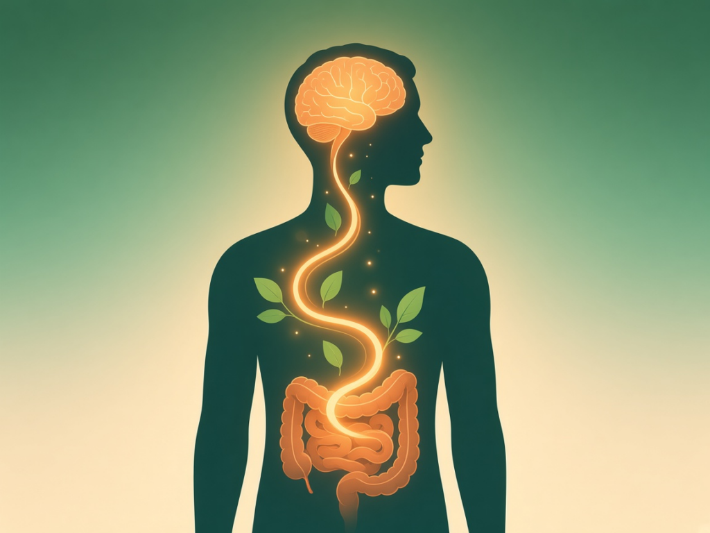 Human silhouette with a glowing orange two-way path connecting the brain and the gut, with green leaves along the way