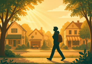 Person with a backpack walking along a sunlit tree-lined neighborhood sidewalk past cozy houses and shops while a car stays parked in a driveway