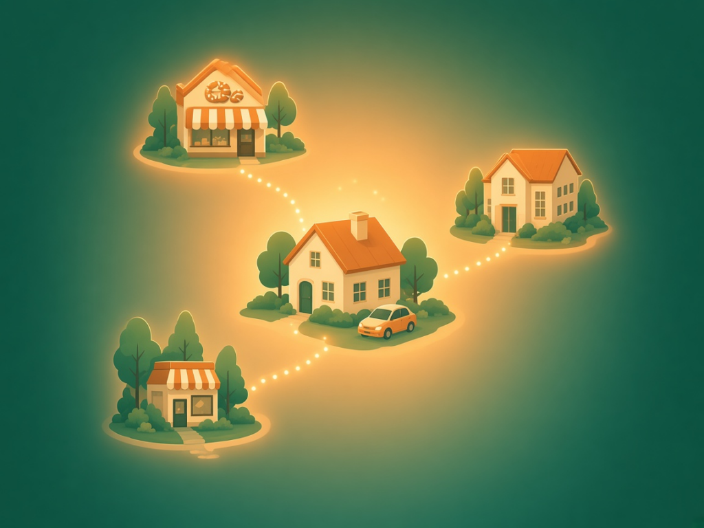 Cozy illustrated neighborhood with a home and parked car at the center and glowing dotted footpaths leading to a bakery, a shop and nearby houses within a short walk