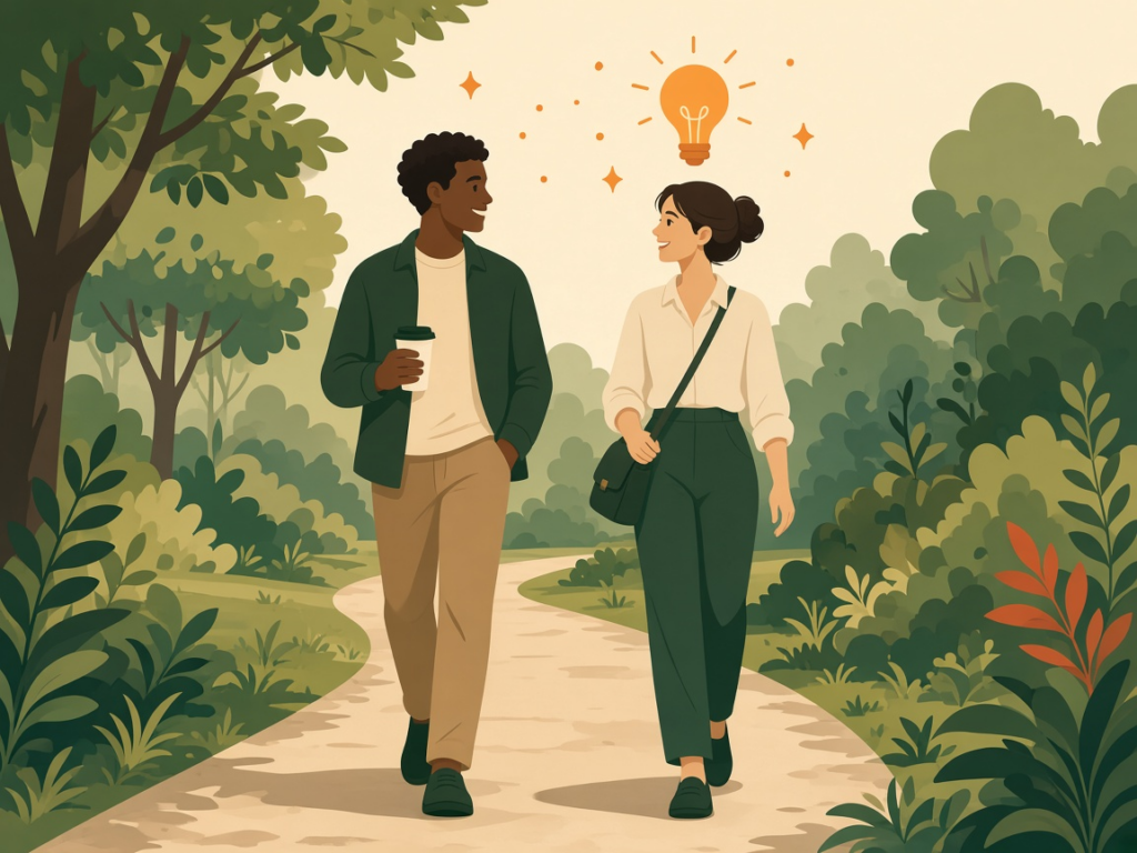 Two colleagues chatting on a relaxed walking meeting along a leafy park path, one holding a coffee, with a glowing lightbulb above them