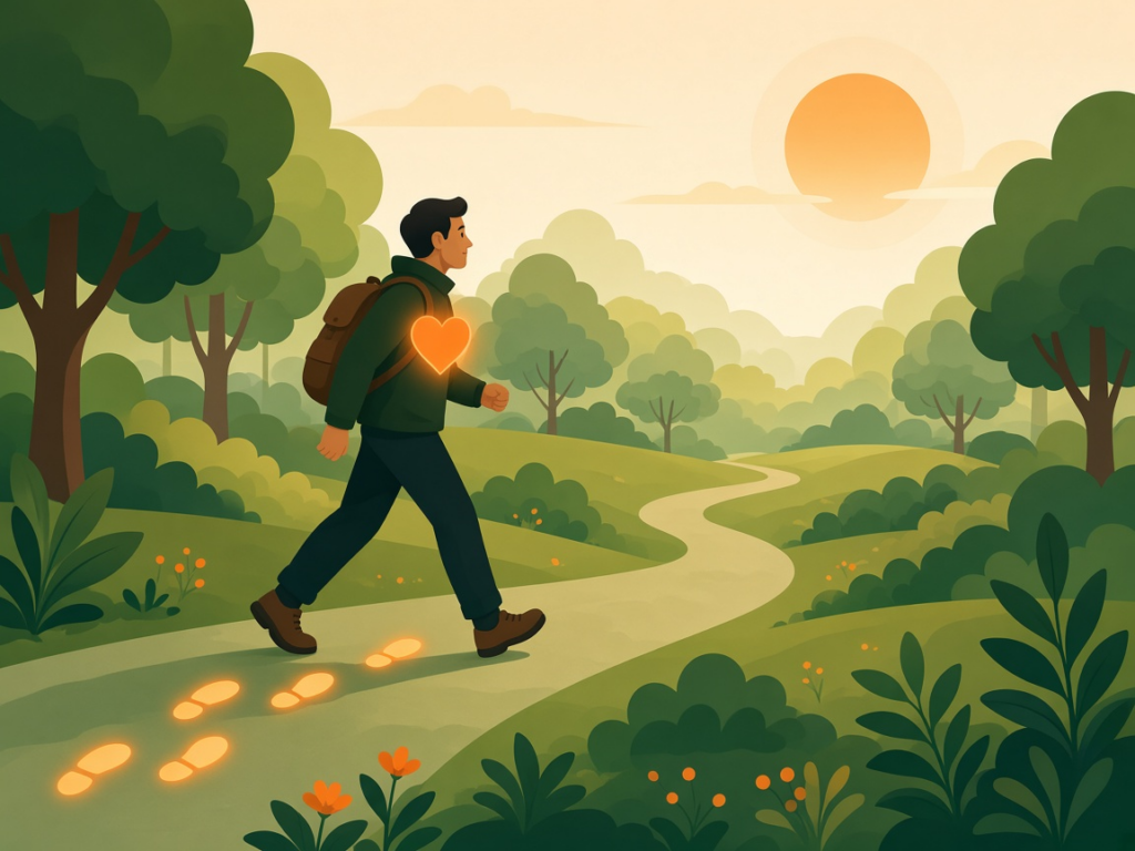 Person walking briskly along a winding park path at sunrise with a glowing orange heart on their chest and glowing footprints behind them