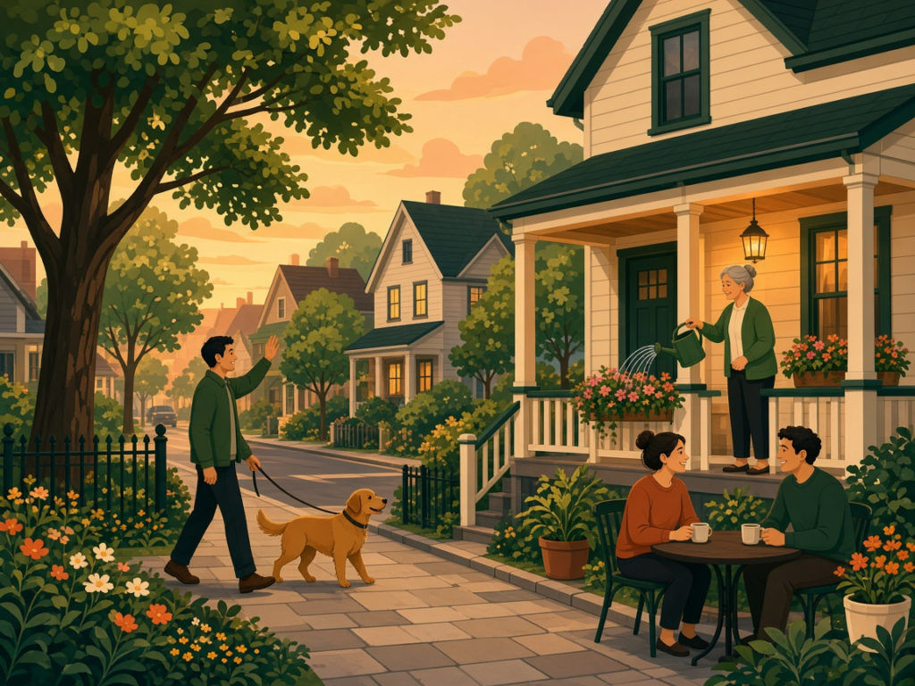 Friendly neighborhood street at sunset with a dog walker waving to a neighbor watering flowers on her porch and two friends having coffee outside